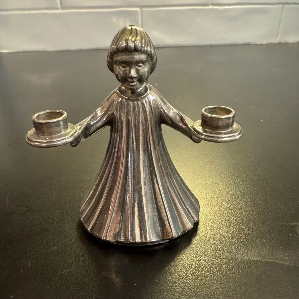 Italy Angel Candle Holder Small Silver Tone Vintage Double Taper Figurine